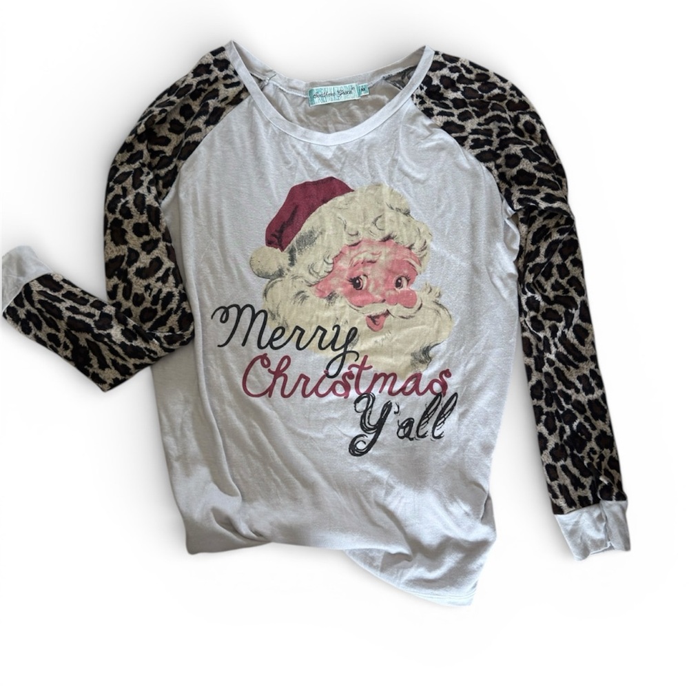 Southern Grace Christmas Shirt - White and Black with Leopard Sleeves